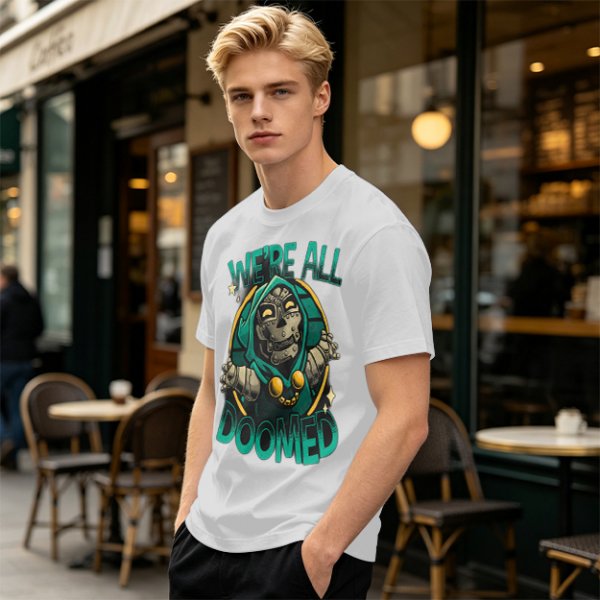 Olive T-Shirt Featuring 'We're All Doomed' and Doom Character Art