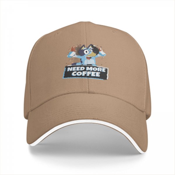 Black baseball cap with Bluey graphic and 'Need More Coffee' text
