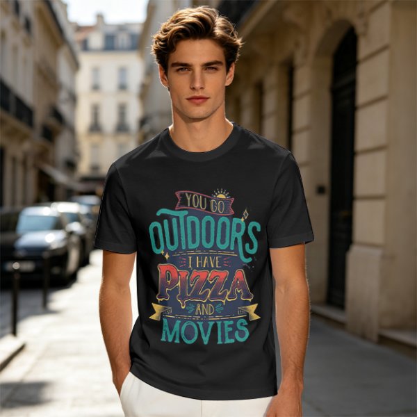 Olive Graphic T-Shirt With 'You Go Outdoors I Have Pizza And Movies' Print