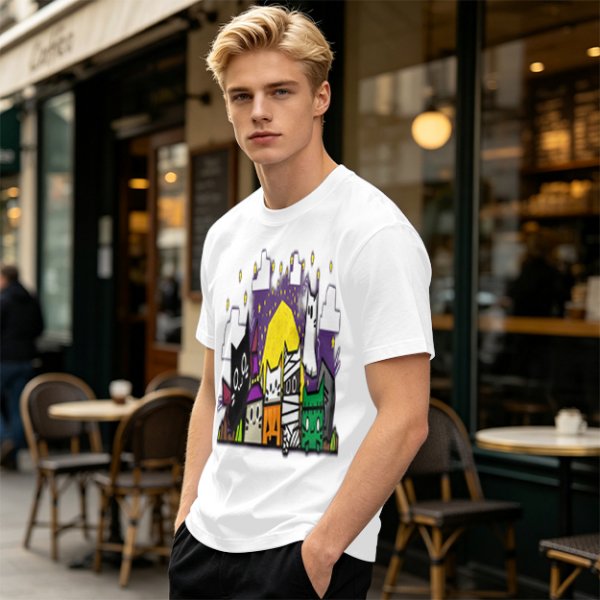 Olive T-Shirt With Halloween Themed Cute Cat Characters Print