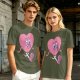 Oversized Olive T-Shirt with Retro Walking Pink Heart Cartoon Graphic