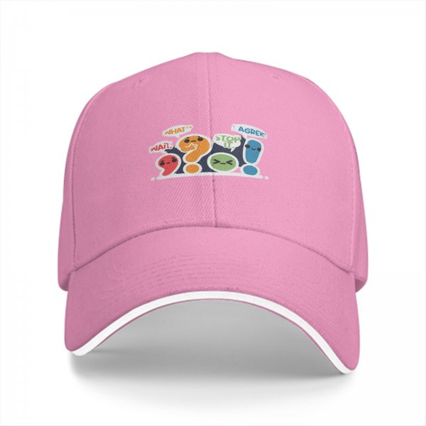Black baseball cap with cute punctuation characters and speech bubbles