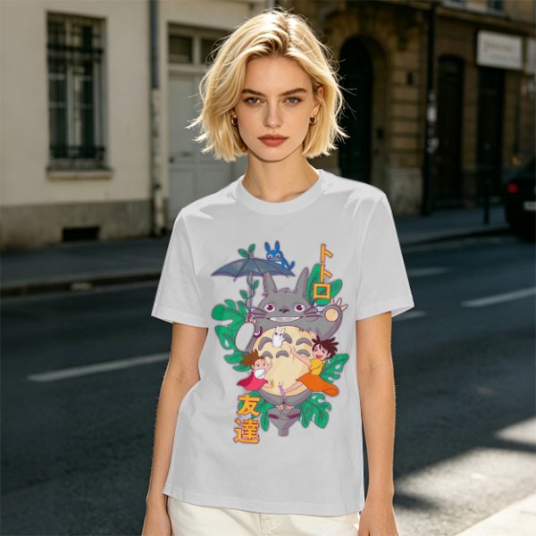 My Neighbor Totoro Graphic T-Shirt with Anime Characters and Leaves
