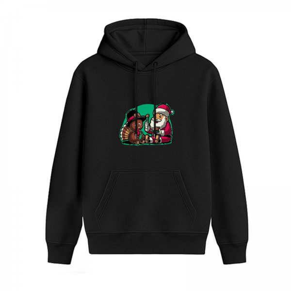 Black Hoodie With Santa And Turkey Christmas Print