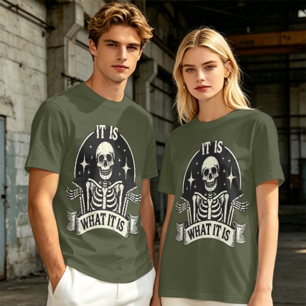 Olive t-shirt with skeleton graphic and 'It Is What It Is' text