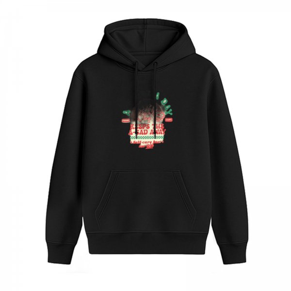 Black graphic hoodie with 'keeps the a-sad away' self care print