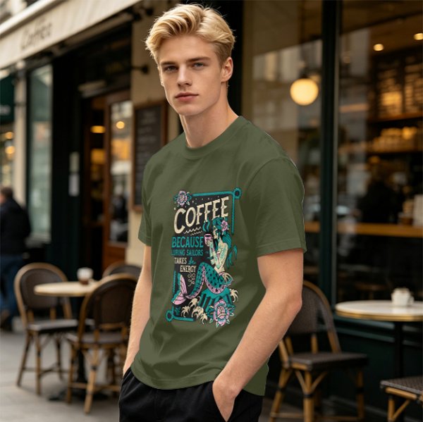 Olive t-shirt with mermaid coffee print 'Coffee Because Luring Sailors Takes Energy'