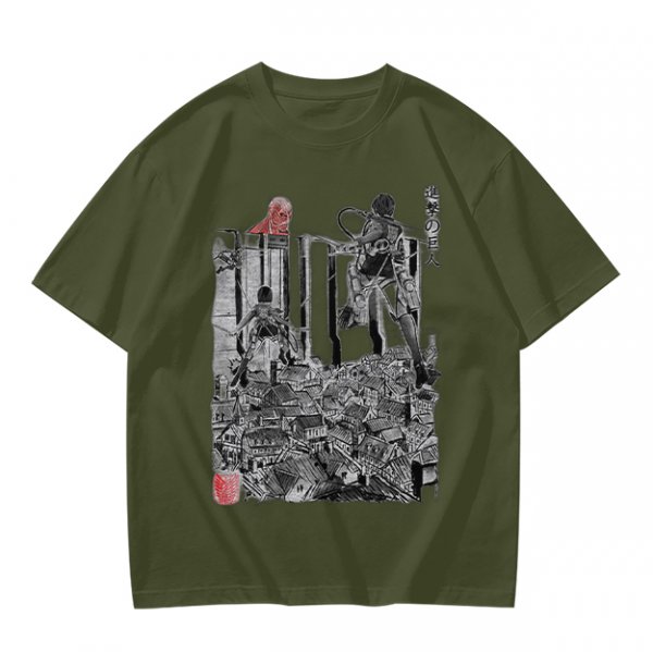 Olive Anime Scout Regiment Action Graphic T-Shirt