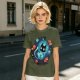 Olive t-shirt with space astronaut cat and goldfish graphic