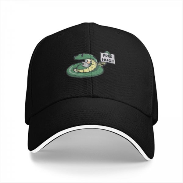 Black baseball cap with a snake holding a FREE HUGS sign and a mouse
