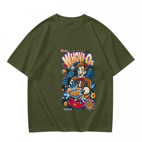 Olive t-shirt with Doctor Who themed Whov-Os cereal print