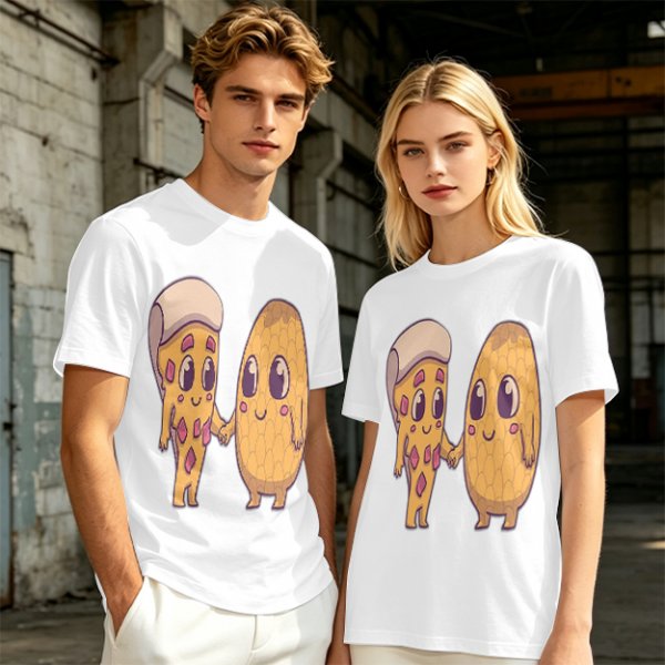 Olive Green T-Shirt With Cute Pizza And Corn Holding Hands Art