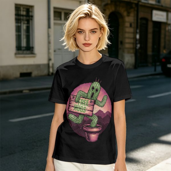 Olive T-shirt with Cartoon Cactus Free Hugs Desert Print
