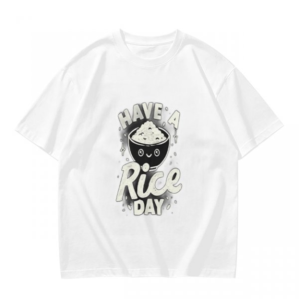 Olive t-shirt with 'Have a Rice Day' and cute rice bowl graphic