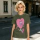 Oversized Olive T-Shirt with Retro Walking Pink Heart Cartoon Graphic