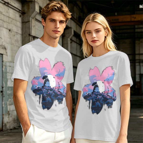 Olive T-Shirt with Sakura Flower and Whimsical Forest Creature Print