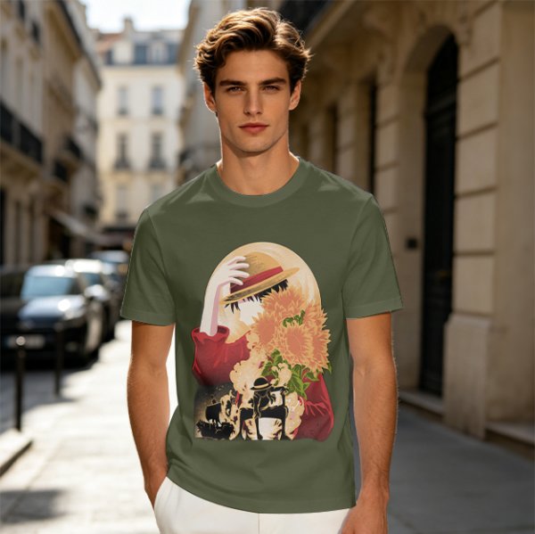 Olive anime graphic t-shirt with straw hat and sunflowers