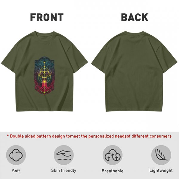 Olive Green T-Shirt With Colorful Mystical Geometric Tree Print