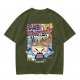 Olive green t-shirt with ramen monster anime graphic print