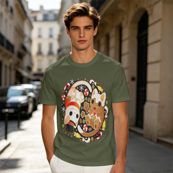 Olive Green T-Shirt With Christmas Cat Gingerbread Candy Print
