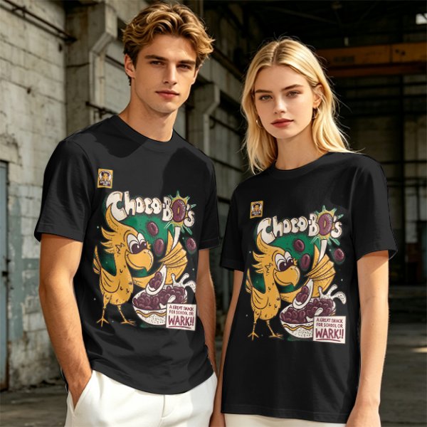 Olive t-shirt with Choco-Bo's cereal graphic featuring a yellow bird