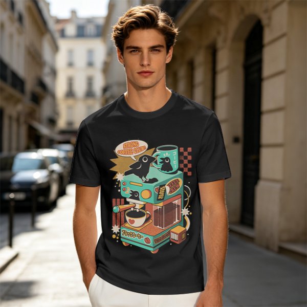 Strong Coffee Club Crow Espresso Machine T-Shirt Art