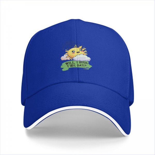 Black baseball cap with cute sun graphic and 'Will I Ruin This Day?' text