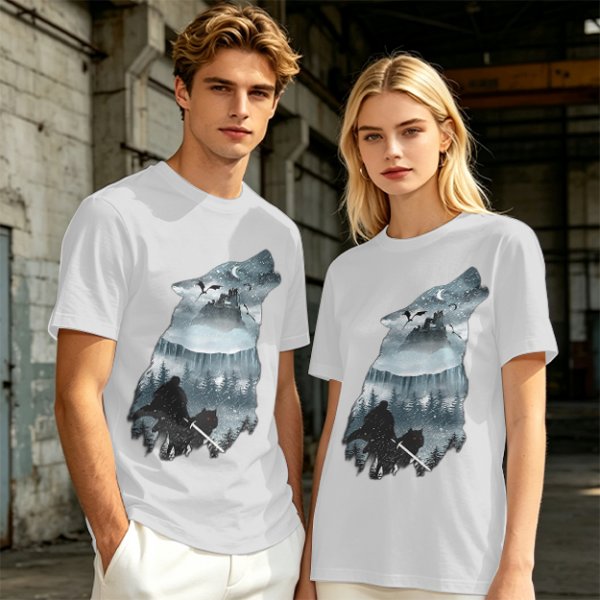 Olive T-Shirt With Howling Wolf Silhouette Winter Fantasy Art Print