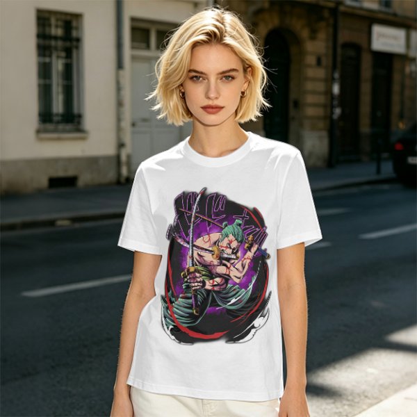 Olive T-shirt with One Piece Roronoa Zoro Three Sword Style Print