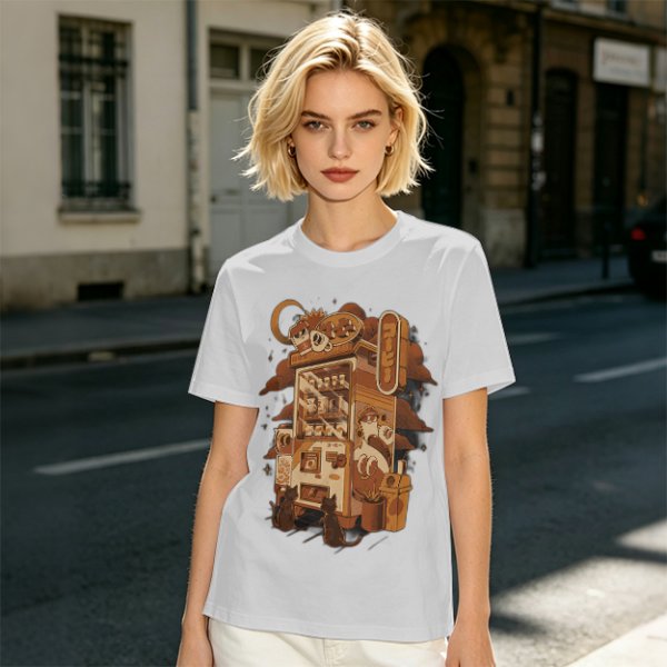 Olive T-Shirt with Coffee Vending Machine and Cats Graphic