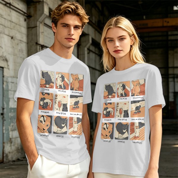 Olive T-Shirt with 9 Grid Cute Cat Illustrations Print