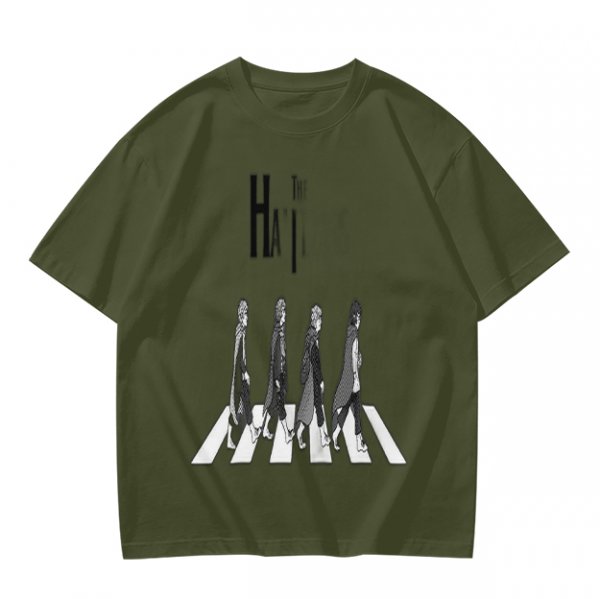 Olive T-Shirt With Anime Characters Crossing Crosswalk Print