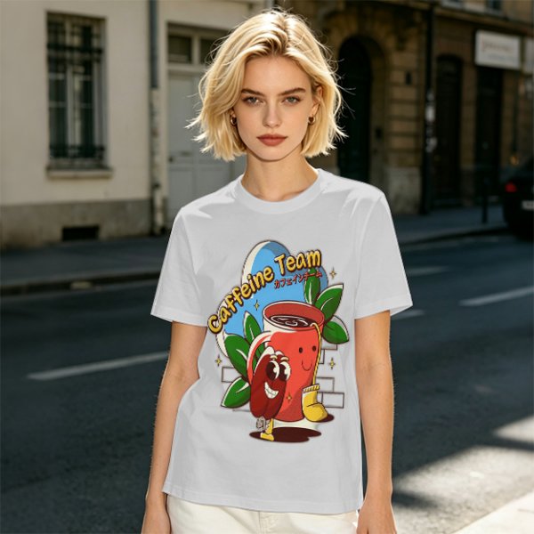 Olive green graphic t-shirt with caffeine team coffee cup and bean illustration