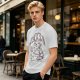 Olive graphic t-shirt with raccoon eating and 'Stop eating TRASH' print
