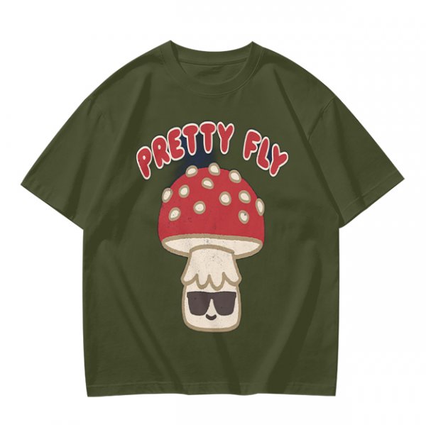 Olive green graphic t-shirt with 'Pretty Fly' and cool mushroom print