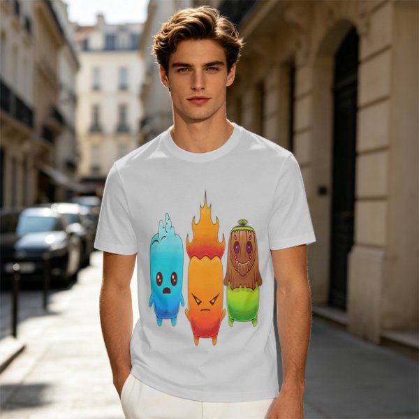 Olive T-Shirt With Cute Water Fire And Earth Elemental Characters