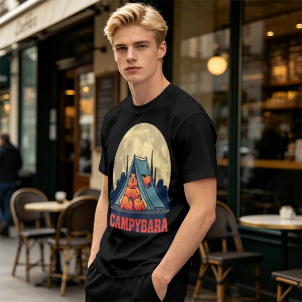 Capybara Camping Tent Full Moon Graphic T-Shirt