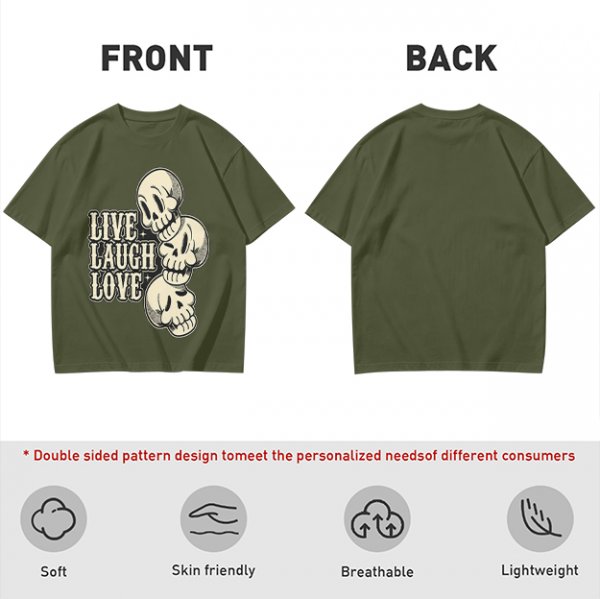 Olive Graphic T-Shirt with Live Laugh Love and Stacked Skulls