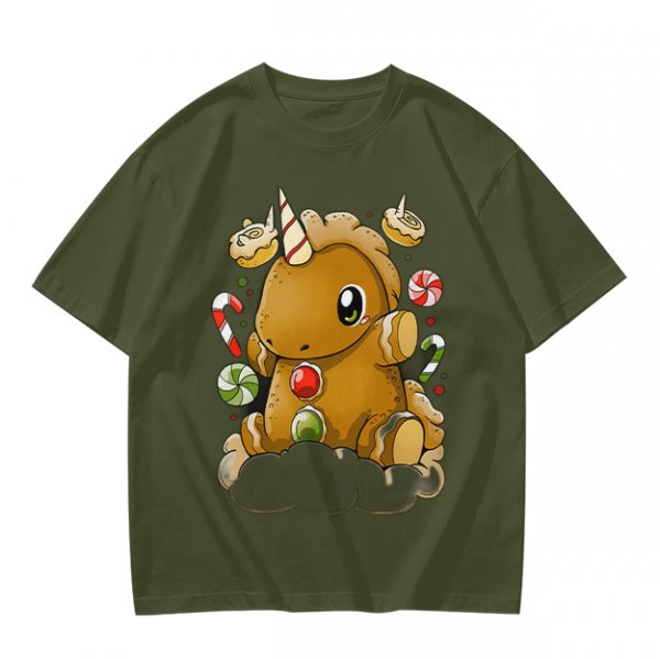 Olive T-Shirt With Cute Gingerbread Unicorn And Christmas Candy Print