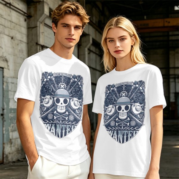 Olive T-shirt with Straw Hat Pirates Wanted Pirate Emblem Print