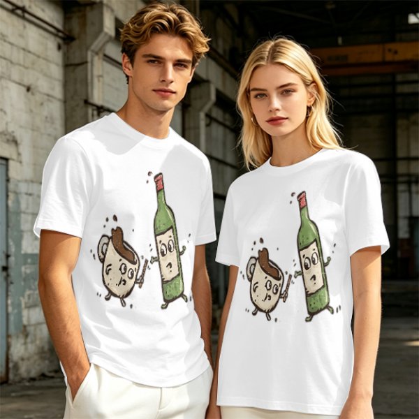 Olive T-Shirt With Cartoon Coffee Mug And Wine Bottle Print