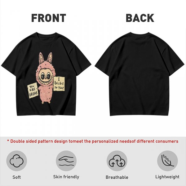 Olive T-shirt with a cute bunny monster holding You Are Great and I Believe In You signs