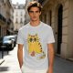 Olive T-Shirt With Cute Surprised Orange Tabby Cat Holding Meat Print
