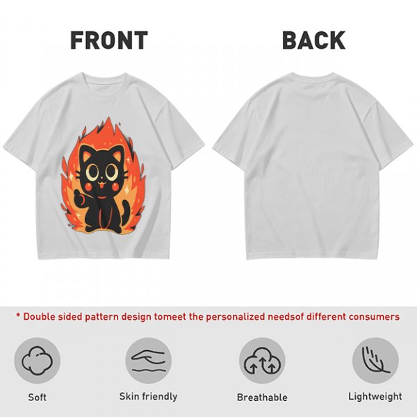 Olive T-Shirt With Cute Black Cat Thumbs Up On Flames Graphic