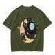 Olive T-Shirt With Black Cats On Crescent Moon Space Print