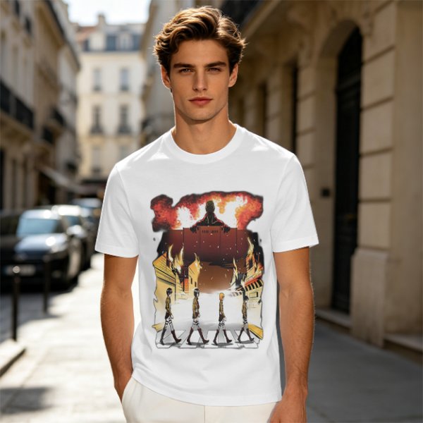 Olive T-Shirt With Anime Characters Crossing Burning Street Print