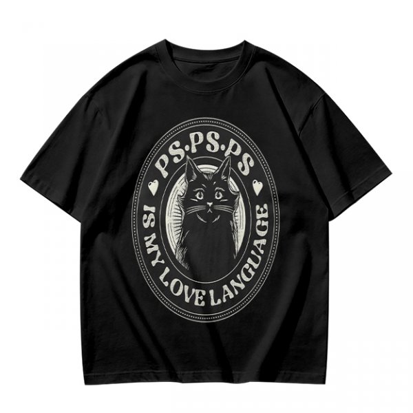 Olive cat graphic t-shirt with 'PS PS PS is my love language' print