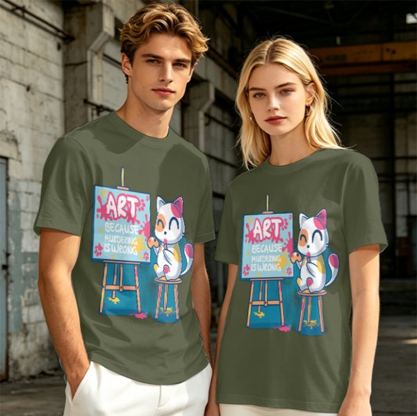 Olive T-Shirt With Cute Artist Cat Art Because Murder Is Wrong Print