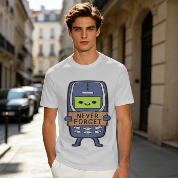 Olive T-Shirt Featuring a Retro Mobile Phone Holding a Never Forget Sign