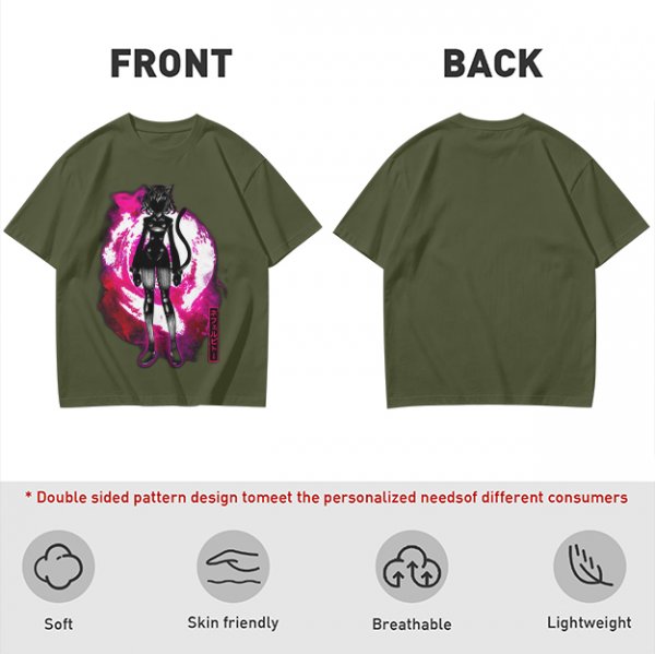 Olive anime cat character graphic t-shirt with pink abstract background